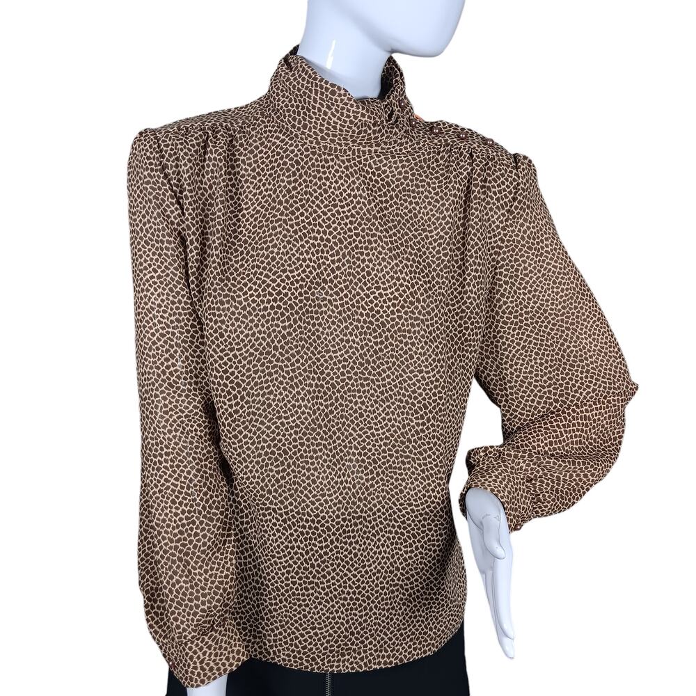 Vintage Rhoda Lee Blouse Size Medium Brown Animal Print Long Sleeve